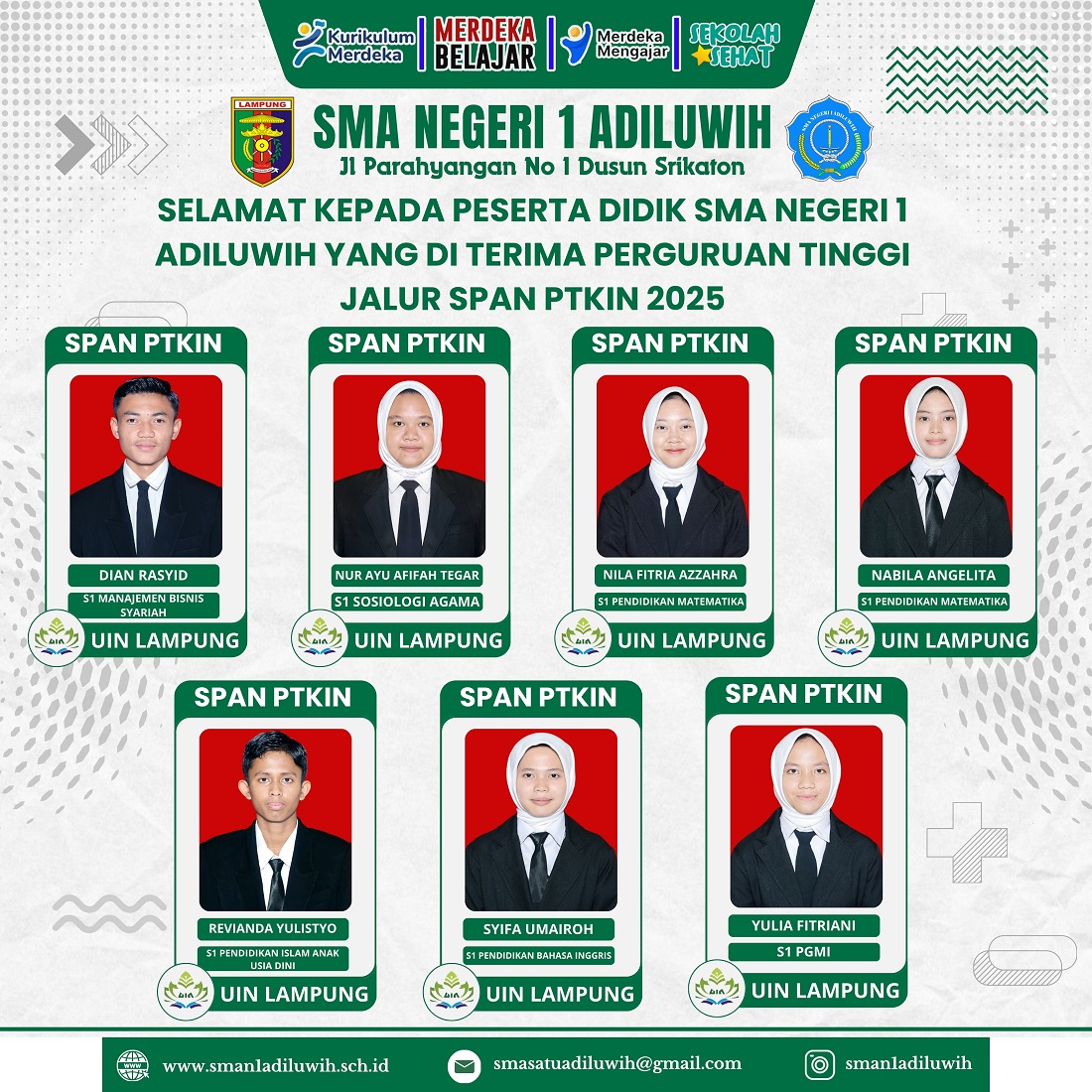 SELAMAT KEPADA SISWA-SISWI SMA NEGERI 1 ADILUWIH YANG LOLOS JALUR SPAN PTKIN 2025